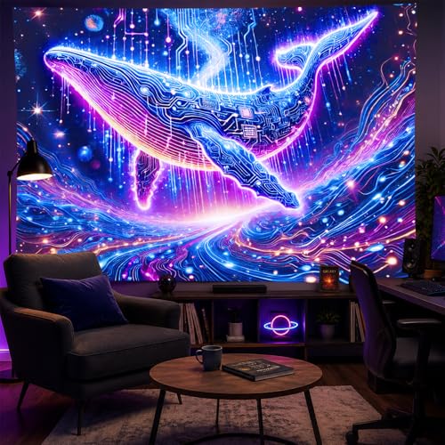 Blacklight Tapestry Whale Circuit Glow Backdrop 78 x 59 Inch