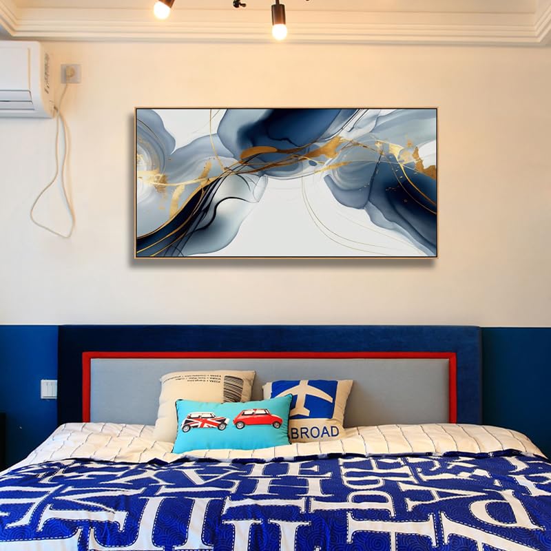 Abstract Painting Modern Art Wall Mural Gold And Blue Background Wall Decor for Living Room Bedroom Print on Artwork Home Decor Framed 30x60inch