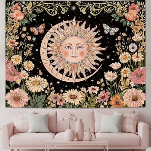 Boho Vintage Sun and Moon Hippie Floral Tapestry 80 x 60 Inch