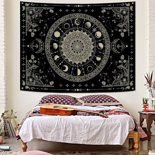 Mandala Moon Tapestry Boho Tapestry for Bedroom Black Tapestries Wall Hanging Living Room Wall Art and Home Decor 60x80