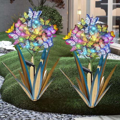 Solar Metal Agave Butterfly Flower Stick Garden Sculpture (2 Count)