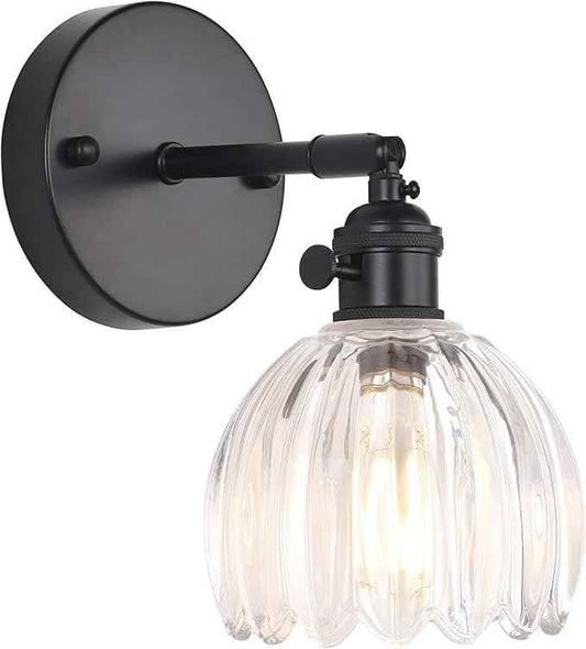 Vintage Wall Sconce with Transparent Tulip Glass Lampshade 180 Degree Adjustable Black Sconce Hradwired Modern Wall Lighting Fixture with Switch for Bedside Bedroom Doorway