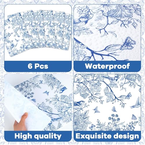 Blue Floral Placemats Set of 6 Flower Bird Plastic Table Mats Seasonal Spring Placemats Chinoiserie Place Mats Rustic Vintage Table Decoration for Indoor Outdoor Party Kitchen Dining (6 Count)