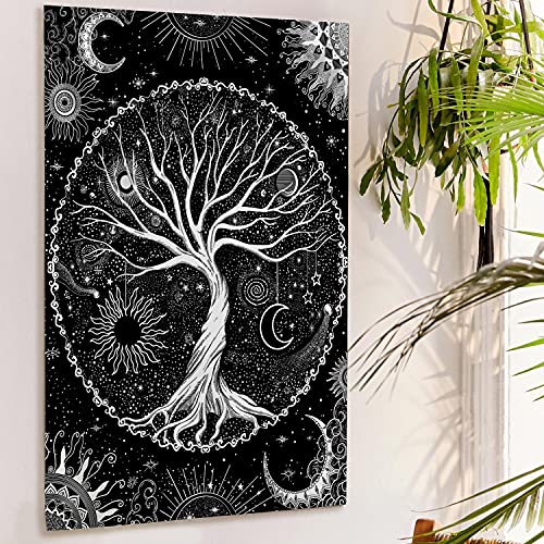 Tree of Life Tapestry Black and White Tapestry Mystical Sun and Moon Tapestries for Bedroom and Living Room Decor Black Tree 36×48 Inches
