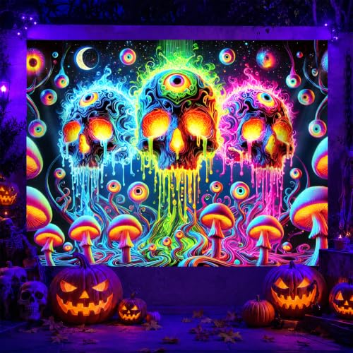 Blacklight Tapestry Skull Cosmic Room Wall Art 78 x 59 Inch