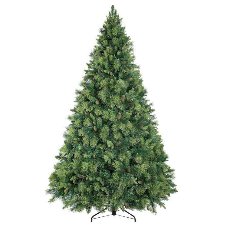 9ft Christmas Tree with Lights Realistic Traditional Christmas Tree Prelit with Pine Cones Foot Pedal 2294 Branch Tips 1050 Warm Lights and Metal Stand Aritificial