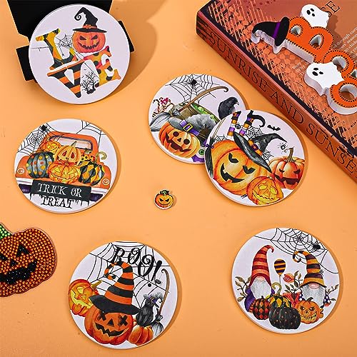 6Pcs Halloween Coasters Watercolor Ceramic Coasters Pumpkin Gnome Pattern Drink Coaster Cup Mat for Table Room Decor Party Supplies (6 Count)