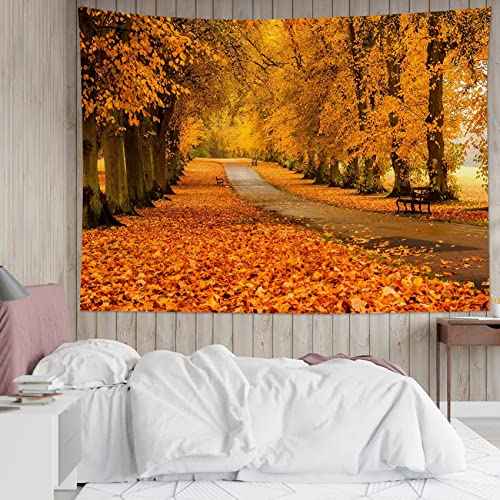 Fall Maple Forest Tapestry Natural Landscape Autumn Maple Tree with Vintage Road Fall Wall Hanging for Bedroom Living Room Dorm Home Party Decor 59x51 Inch