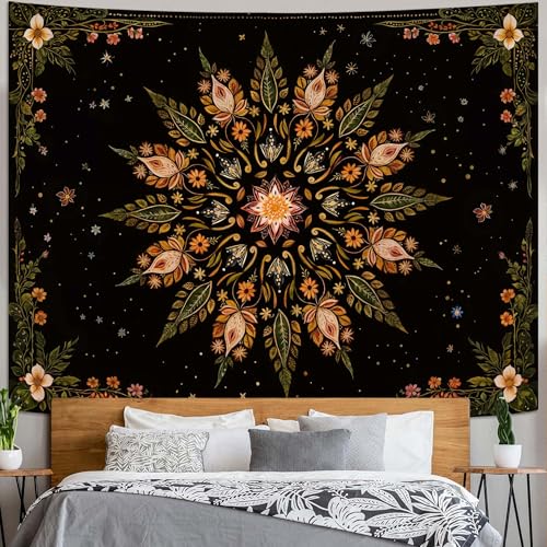 Boho Floral Mandala Tapestry for Bedroom Aesthetic Vintage Bohemian Flower Wall Tapestry Black Green Hippie Indian Extra Large Tapestries Wall Hanging for Living Room Dorm Decor 90 x 68 Inch