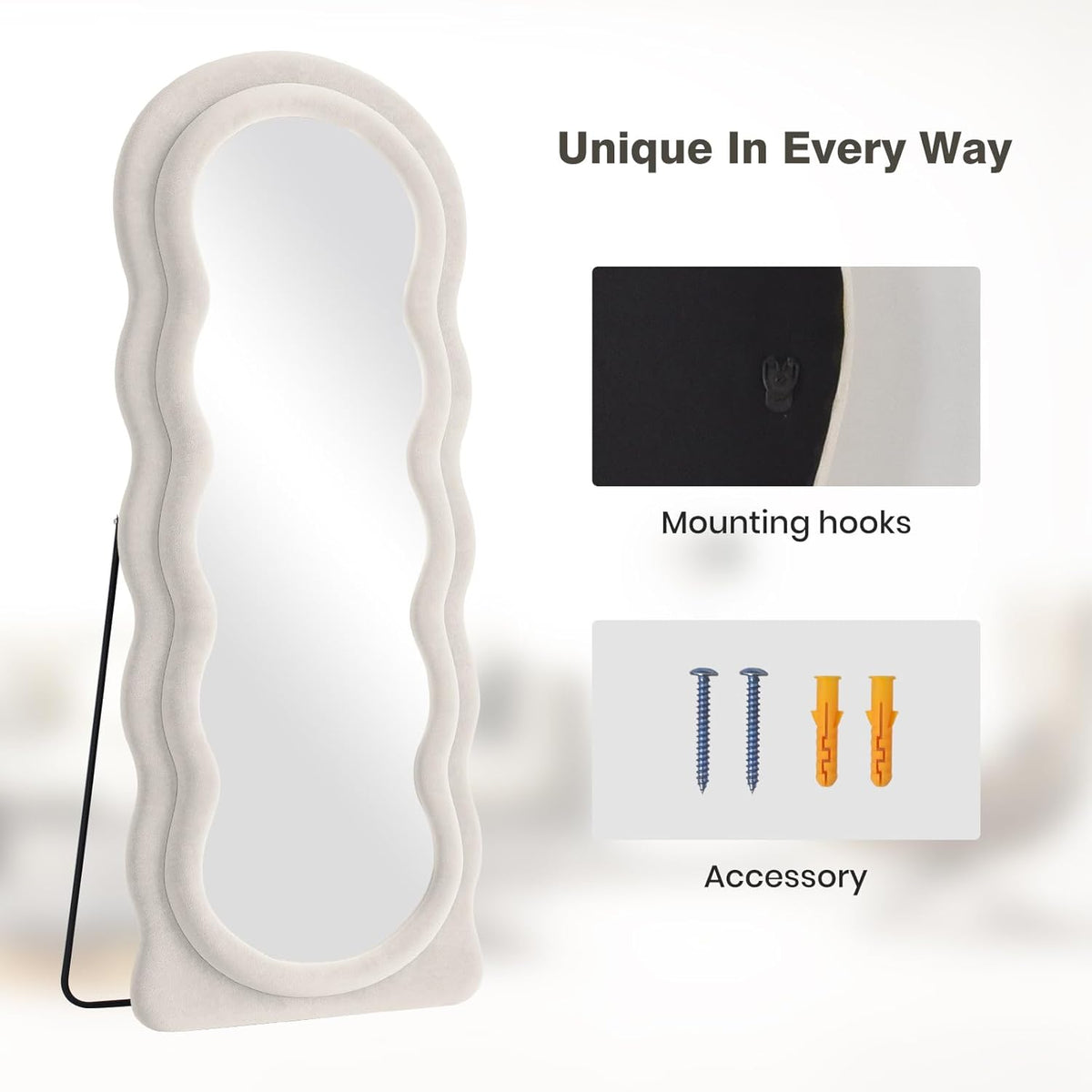 Full Length Mirror 63"x24" Arched Wavy Full Body Wall Mounted Floor Mirror with Stand Ivory Flannel Frame Leaning Hanging Wall Mirror for Bedroom Entrance