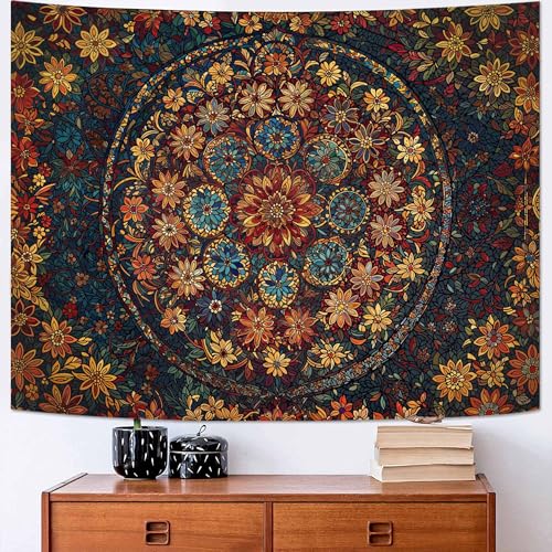 Boho Floral Mandala Tapestry Wall Hanging Vintage Bohemian Flower Medallion Tapestry Aesthetic Orange Stained Glass Hippie Large Tapestries for Bedroom Living Room Dorm Decor 80 x 60 Inch