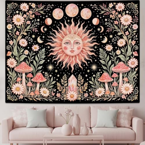 Boho Pink Sun Moon Phase Daisy Flower Mushroom Tapestry 60 x 44 Inch