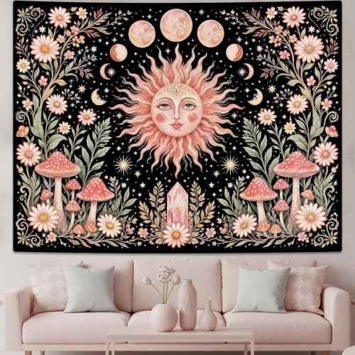 Boho Pink Sun Moon Phase Daisy Flower Mushroom Tapestry 80 x 60 Inch