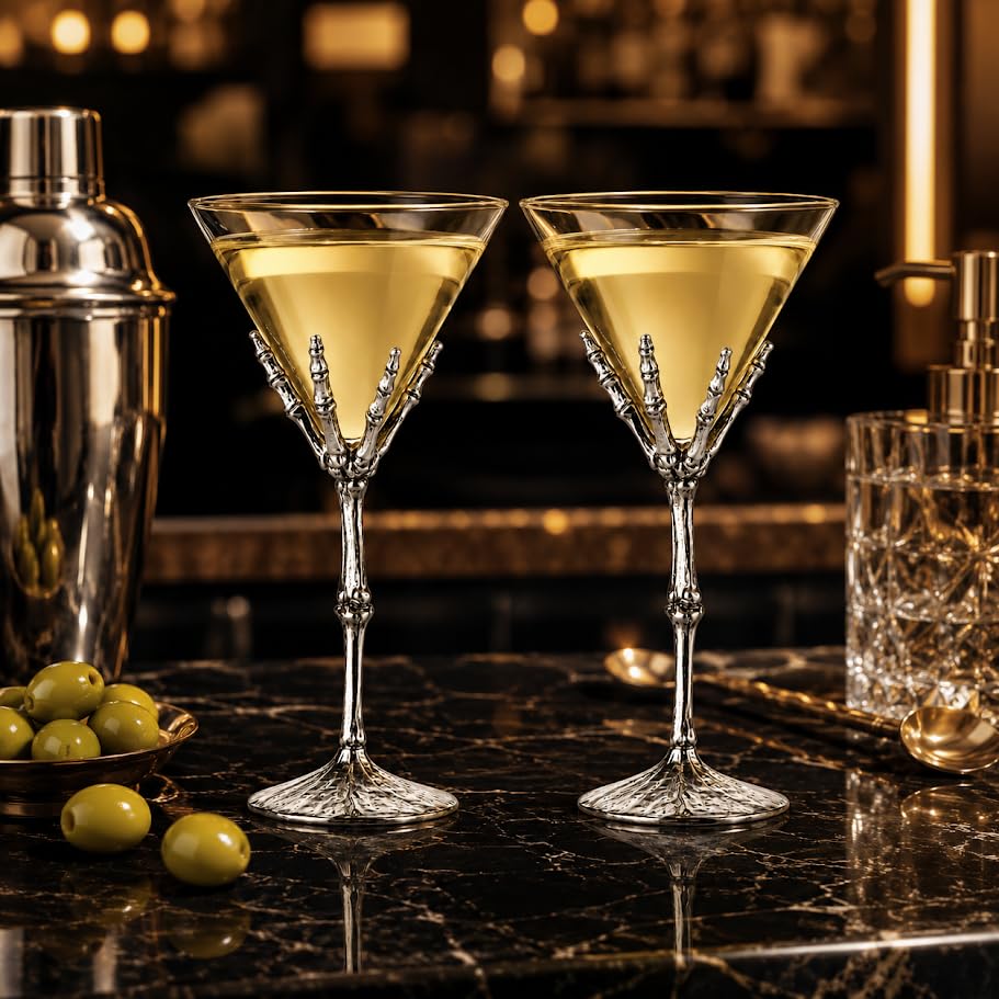 Skeleton Hand Martini Glasses Set Of 2 9 Inch Spooky Halloween Cocktail Bar