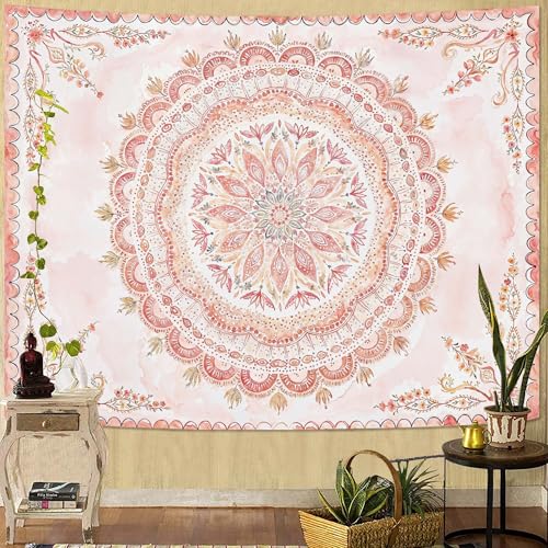 Boho Floral Mandala Tapestry Wall Hanging Pink Bohemian Flower Medallion Tapestry Aesthetic Watercolor Hippie Indian Small Tapestries for Bedroom Living Room Dorm Decor 60 x 44 Inch