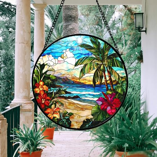 Tropical Hibiscus Beach Stained Glass Window Hanging Suncatcher Gifts 15"