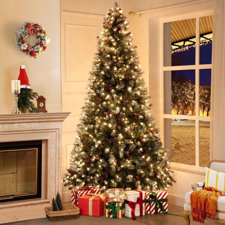 7 5ft Snow Flocked Christmas Tree with Lights Realistic Spruce Christmas Tree with Pine Cones Berries Foot Pedal 1346 Branch Tips 550 Warm Lights and Metal Stand Pre Lit Xmas
