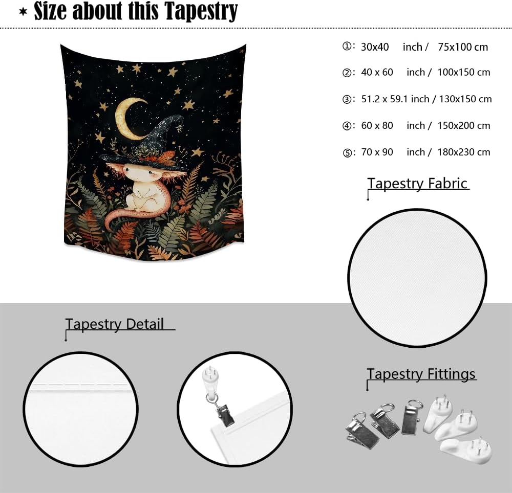 Whimsical Witch Tapestry Wall Hanging Decor Cute Axolotl Tapestry Magical Moon Animal Nursery Decoration Halloween Tapestries wall art for Home Kids Bedroom Living Room 30x40inch