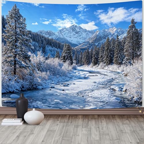 Winter Forest Snow Mountain Tapestry Snowy Pine Tree Woodland Tapestry for Bedroom Aesthetic White Clouds Flowing River Landscape Tapestries Wall Hanging for Living Room Dorm Office 80 x 60 Inch