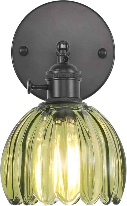 Vintage Wall Sconce with Green Tulip Glass Lampshade 180 Degree Adjustable Black Sconce Hradwired Modern Wall Lighting Fixture with Switch for Bedside Bedroom Doorway