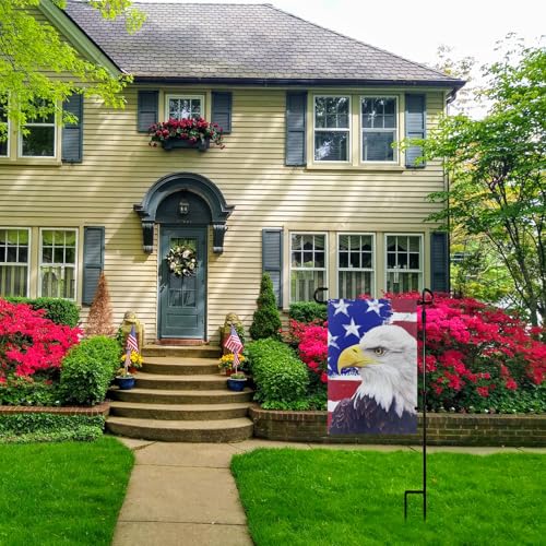 Garden Flag Stand with American Garden Flags Patriotic Stars and Eagle Yard Flag 12x18 Inch Holder Pole Stake Double Side for Outside with Clips and Stopper for Memorial Day 4 th of July