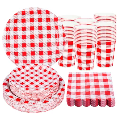 200Pcs Christmas Red Gingham Party Supplies Red Gingham Paper Plates and Napkins Cups Plaid Party Plates Disposable Reds and White Checkered Plates for Christmas Birthday Family Picnic (200 Count)