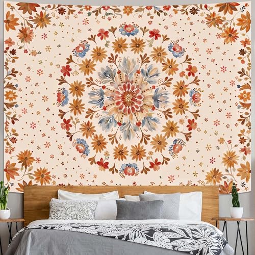 Boho Floral Mandala Tapestry Wall Hanging Watercolor Bohemian Flower Medallion Tapestry Aesthetic Beige Orange Hippie Indian Large Tapestries for Bedroom Living Room Dorm Decor 80 x 60 Inch