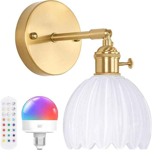 Vintage Battery Operated Wall Sconce with White Tulip Glass Lampshade Rechargeable Battery Powered Wall Light with Remote Control for Bedside Bedroom Doorway