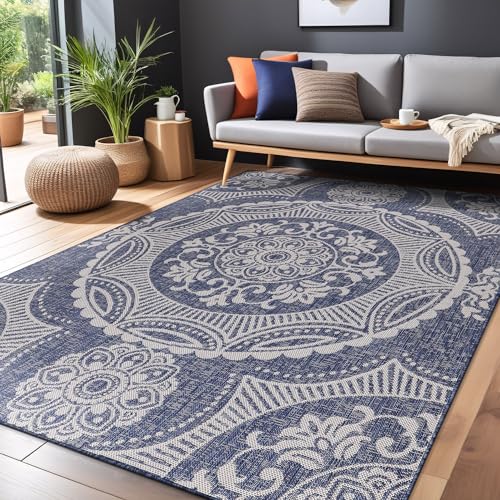 Medallion Outdoor Rug 8x10 Washable Outside Carpet for Indoor Patio Porch Waterproof Easy Cleaning Non Shedding Area Rugs Blue 8 x 10