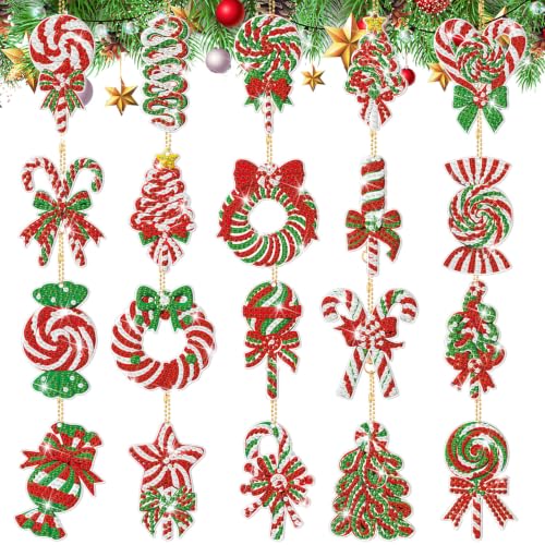 20 Pcs Christmas Candy Diamond Painting Keychain Kits 5D DIY Diamond Art Pendants Double Sided Hanging Key Chains for Christmas Party Decoration DIY (20 Count)
