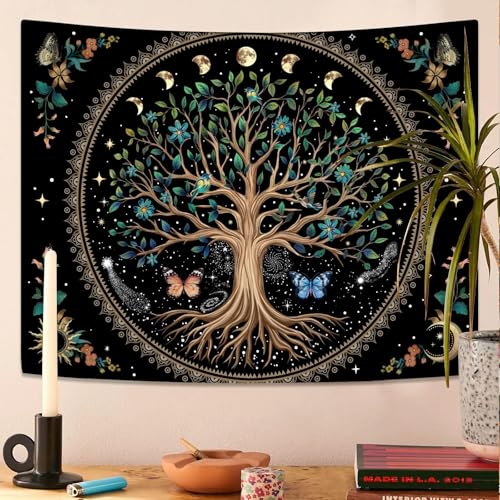 Tree of Life Tapastry Sun and Moon Tapastry Flower Boho Tree Mandala Wall Hanging for Bedroom and Living Room Decor Green Tree 36×48 Inches
