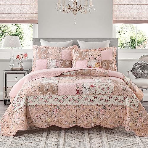 Quilts Queen Size Patchwork Pink Floral Quilt Set Vintage Shabby Chic Botanical Floral Quilted Bedspread 3