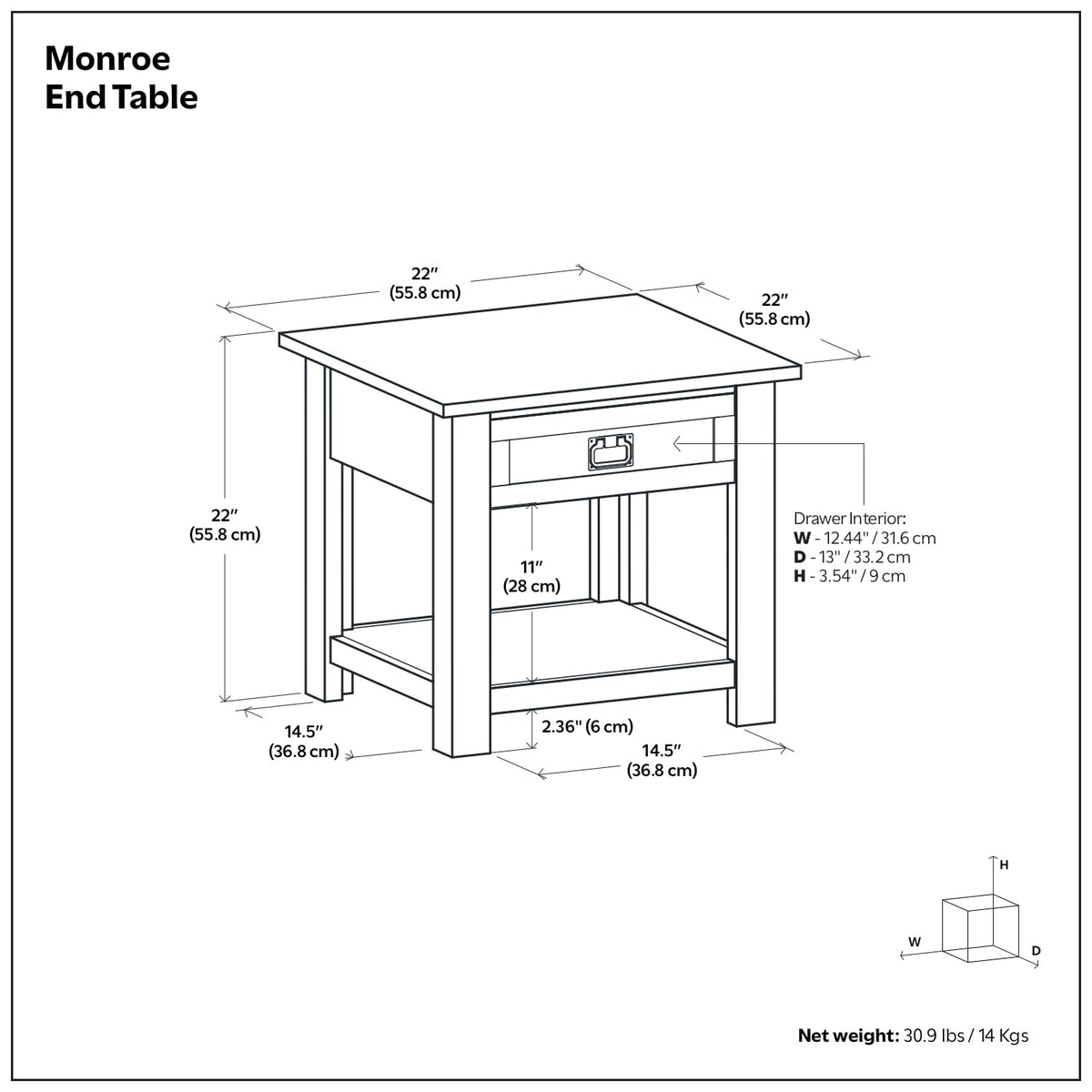 Monroe 22" Wide Solid Wood End Table in Charcoal Brown