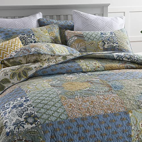 Quilt Set Queen Bedspread Reversible Green Farmhouse Garden Coverlet Real Patchwork Quilt Set for All Seasons