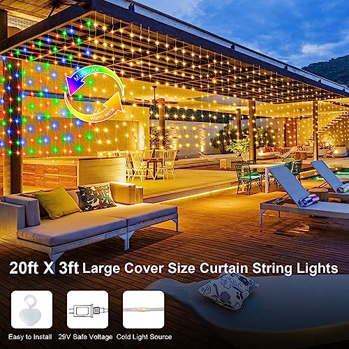 20Ftx3Ft Curtain Lights Outdoor LED Fence Lights with Remote Timer (300 Count)
