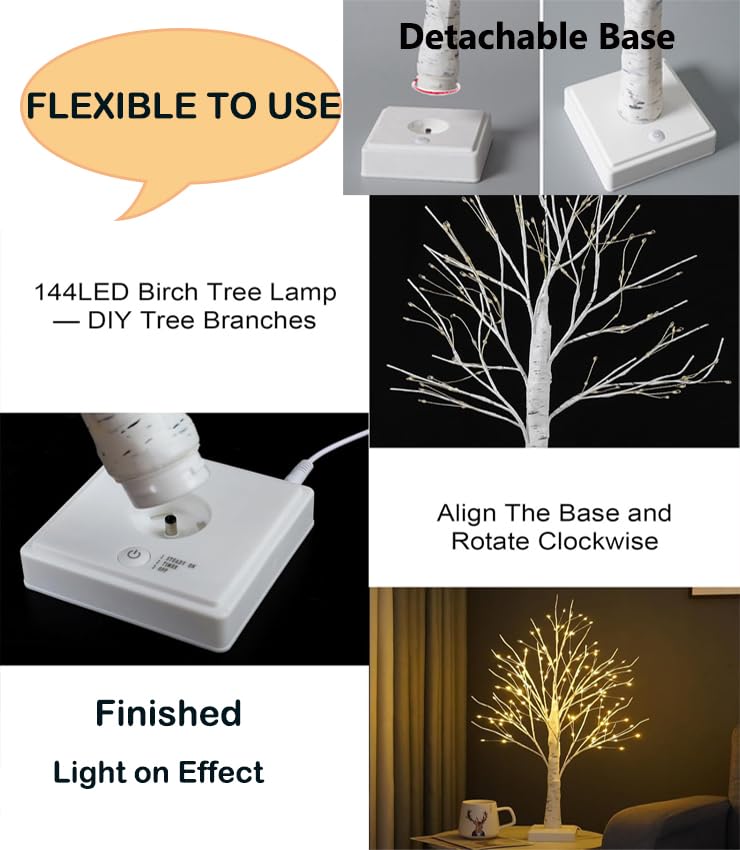 2FT Fairy Birch Tree with 144 LED Lights Artificial Tree Lamp with Timer for Easter Christmas Decoration Light Spirit Tree USB