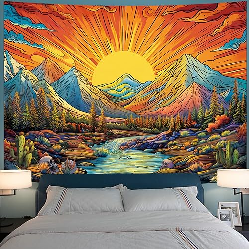 Boho Sun Mountain Tapestry Trippy Forest Tree Tapestries Vintage Aesthetic Plant Magical River Wall Tapestry Nature Landscape Wall Hanging for Bedroom Living Room