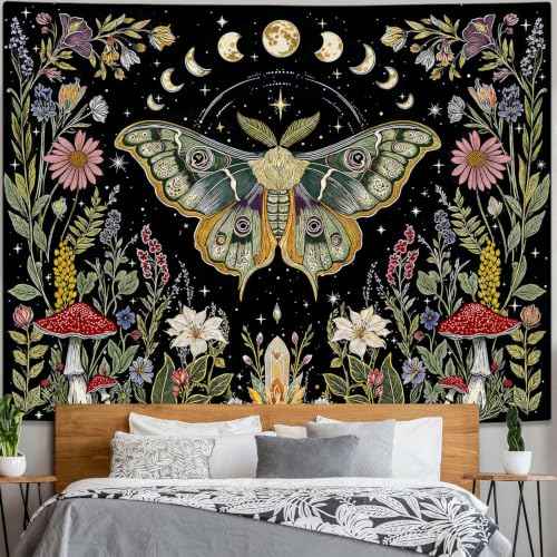 Boho Vintage Moth Luna Botanical Floral Tapestry 48 x 36 Inch
