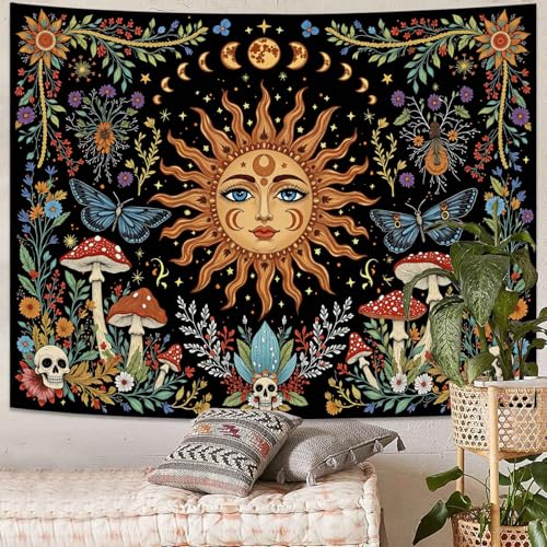Celestial Sun Mushroom Skull Wall Tapestry