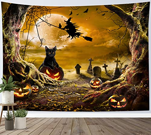 Halloween Wall Tapestry Horror Witch Cat and Dead Tree Pumpkin Lights with Spooky Graveyard Tapestry Orange Full Moon over Misty Forest Wall Decor for Bedroom Living Room Dorm 60x40 Inches
