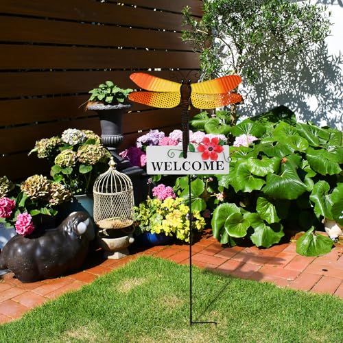 30" H Metal Dragonfly Garden Stake Decorative Yard Stakes Art Ornaments Welcome Sign for Outdoor Patio Lawn Porch Pathway Decor