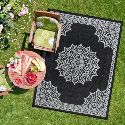 Outdoor Rug 9x12 Medallion Black White Modern Area Rugs for Large Indoor and Outdoor Patios
