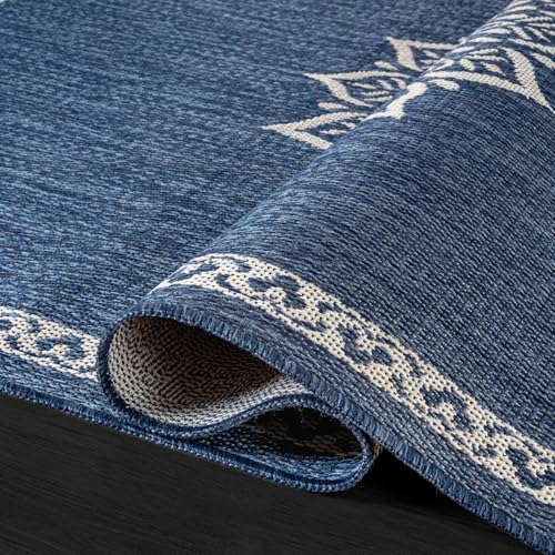 Outdoor Rug 9x12 Medallion Blue Modern Large Area Rugs for Indoor and Outdoor Patios Kitchen and Hallway Mats Washable Porch Deck Outside Carpet (108 Sq Ft)