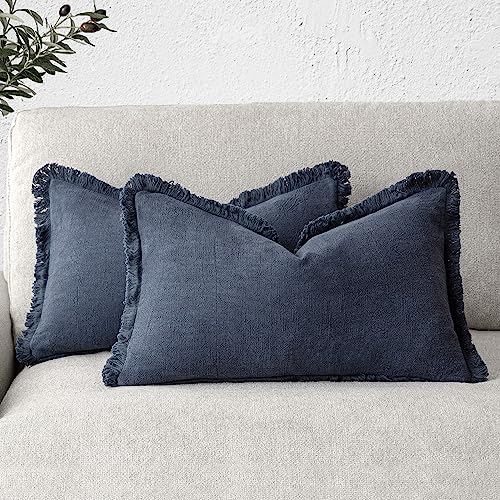 Boho Linen Fringe Lumbar Throw Pillow Covers 12×24 Navy Blue (2 Count)