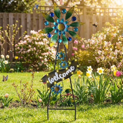 Solar Metal Hummingbird Wind Spinner Garden Stake 26"