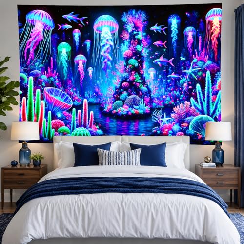 Blacklight Tapestry Jellyfish Ocean Decor 78x59 Inch