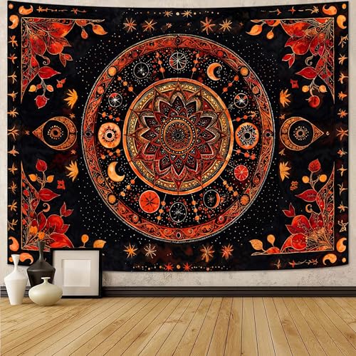 Mandala Moon and Stars Tapestry Boho Tapestry for Bedroom Black and Orange Tapestries Wall Hanging Living Room Wall Art and Home Decor 44x60