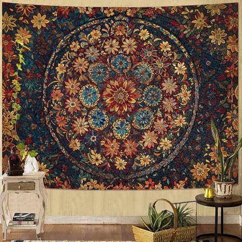 Boho Floral Mandala Tapestry Wall Hanging Vintage Bohemian Flower Medallion Tapestry Aesthetic Orange Stained Glass Hippie Extra Large Tapestries for Bedroom Living Room Dorm Decor 90 x 68 Inch