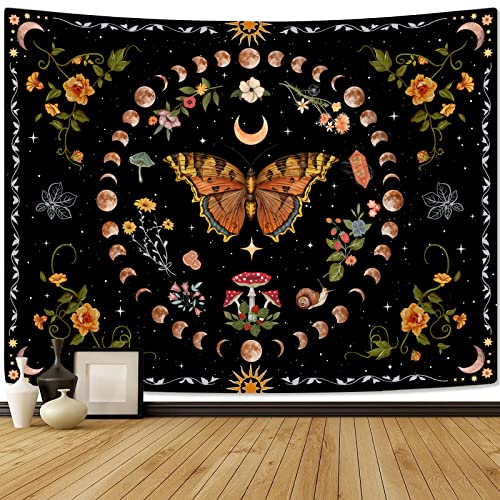 Orange Butterfly Moon Flower Tapestry Botanical Floral Plant Boho Tapestry for Bedroom Aesthetic Vintage Tapestries Wall Hanging for Living Room Dorm