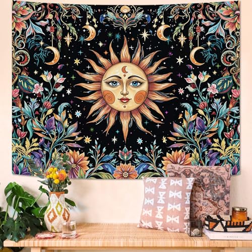 Sun and Moon Tapestry Hippie Boho Floral Wall Tapestry for Bedroom Aesthetic Colorful Flowers Vintage Celestial Botanical Plant Small Tapestries Wall Hanging for Living Room Dorm 48 x 36 Inch